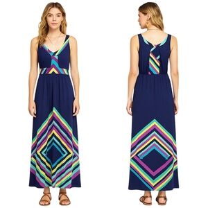 ONE WORLD Maxi Dress Womens Large Navy Geometric Sleeveless Boho Festival NEW
